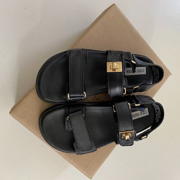 NIB NEW Steve Madden Mona Black Leather Turnlock hardware Dad Sandal Women's 7 - Picture 4 of 6